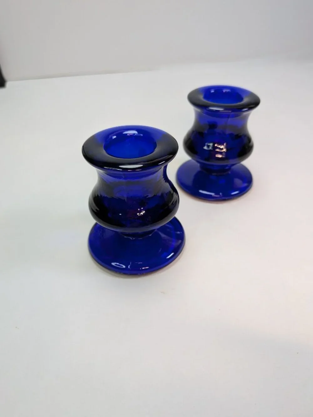 VTG 60s Cobalt Blue Glass Candlestick Holders Pedestal Mid Century Heavy Mini